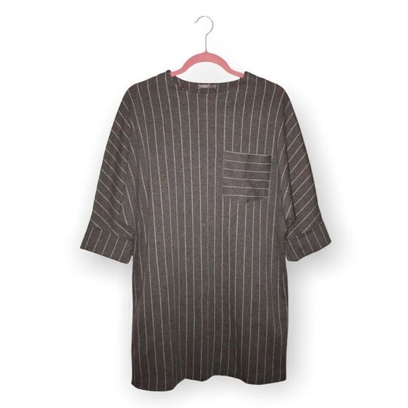 Zara‎ Collection Stripe Short Sleeve Shirt Dress Front Pocket Grey White - Picture 1 of 5